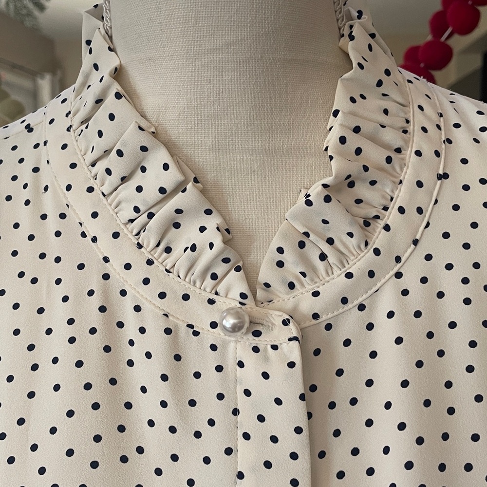 Talbots Petite Ruffle Neck Microdot Blouse - Picture 3 of 11